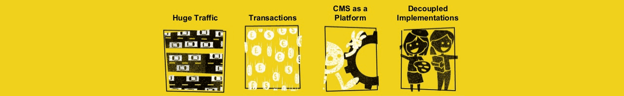 Huge traffic, Transactions, CMS as a platform, Decoupled implementations