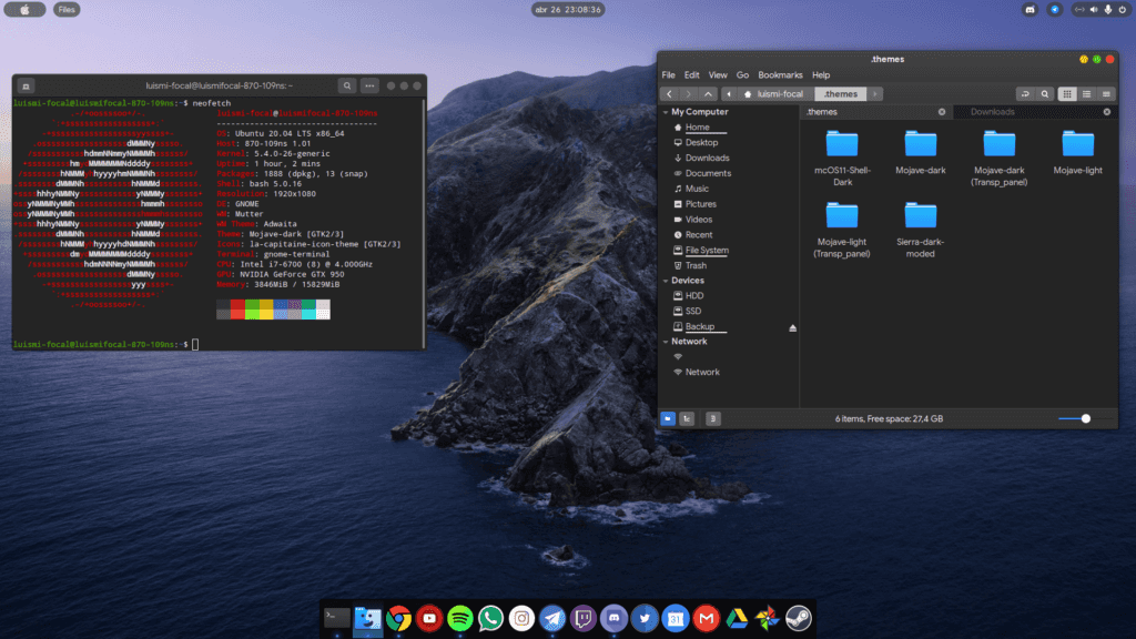 Ubuntu 20.04 desktop modified to look like MacOS top bar, background, dock, and window control bars