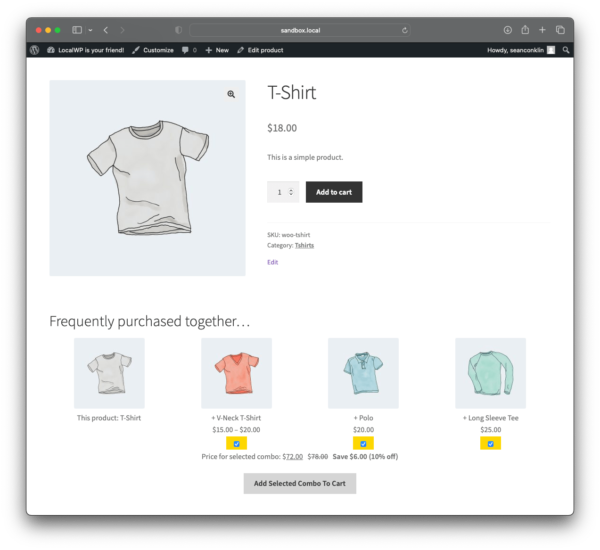 Screenshot of our Up-sell Trio plugin for WooCommerce displaying a row of Frequently Bought Together on a single product page