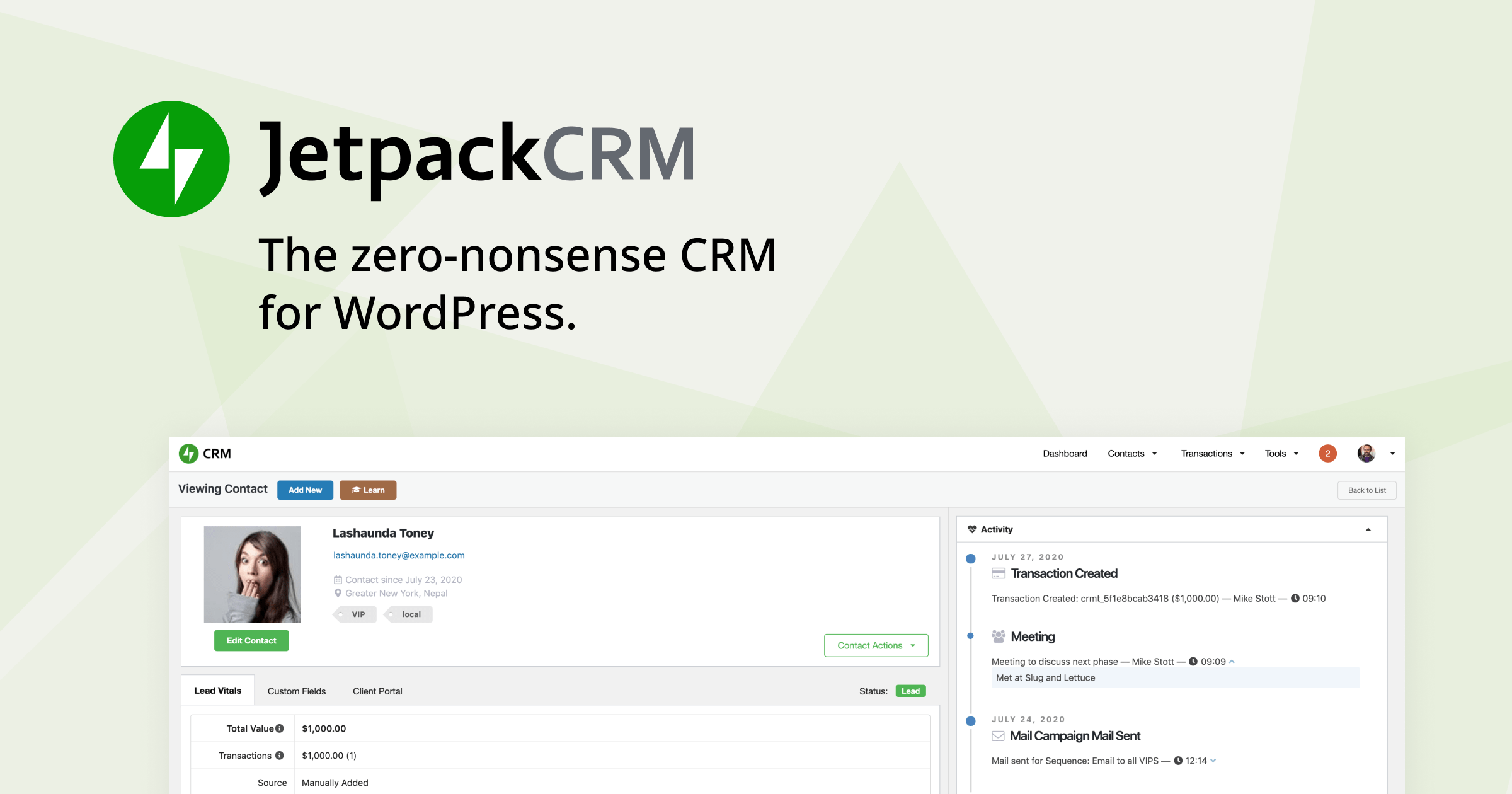 Jetpack CRM. The zero nonsense CRM for WordPress. Logo and screenshot of viewing a contact.
