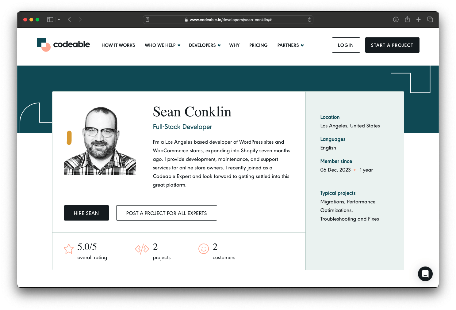 Screenshot of Codeable developer profile: Sean Conklin, Full-Stack Developer. I'm a Los Angeles based developer of WordPress sites and WooCommerce stores, expanding into Shopify seven months ago. I provide development, maintenance, and support services for online store owners. I recently joined as a Codeable Expert and look forward to getting settled into this great platform.